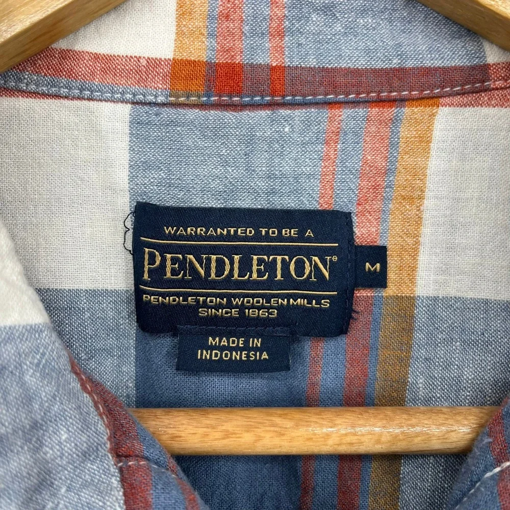 Pendleton Mens Blue Orange Plaid Linen Rayon Button‎ Down Shirt Size M